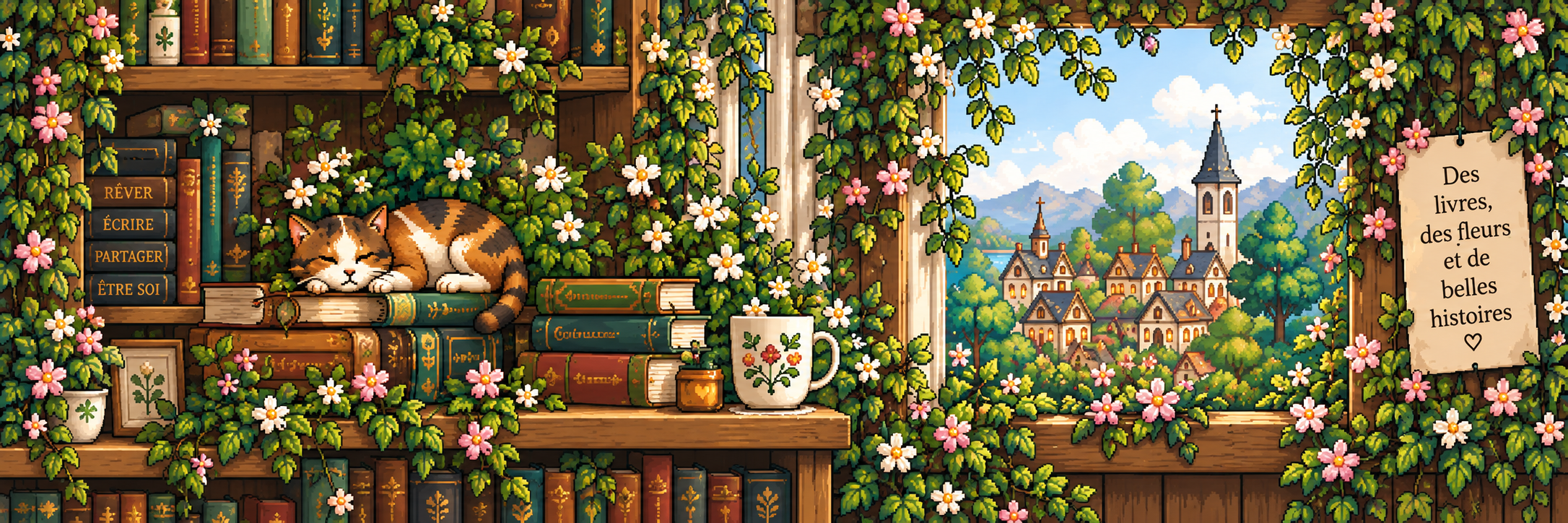 Un refuge de livres et de fleurs, ouvert sur le village