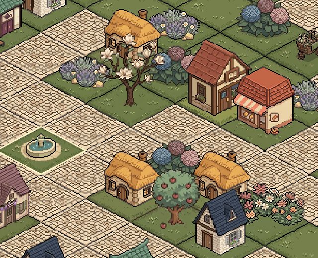 Un village Qoops avec de petites maisons, des chaumières et des jardins fleuris